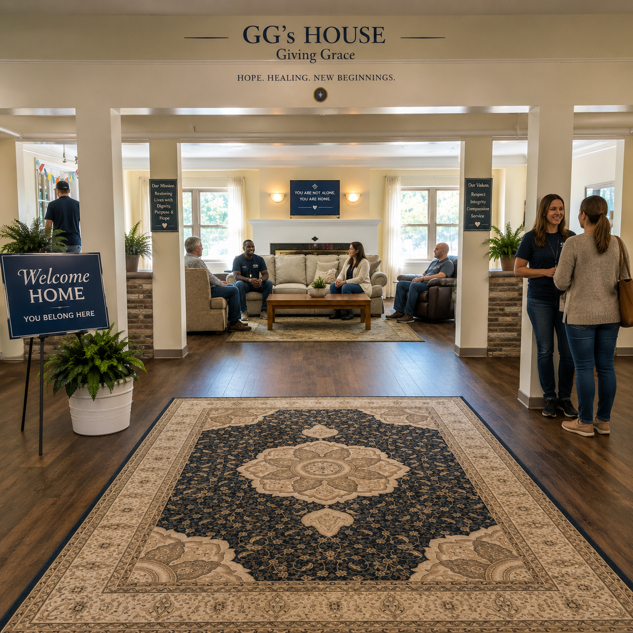 Concept rendering of a warm, welcoming GG's House campus entrance